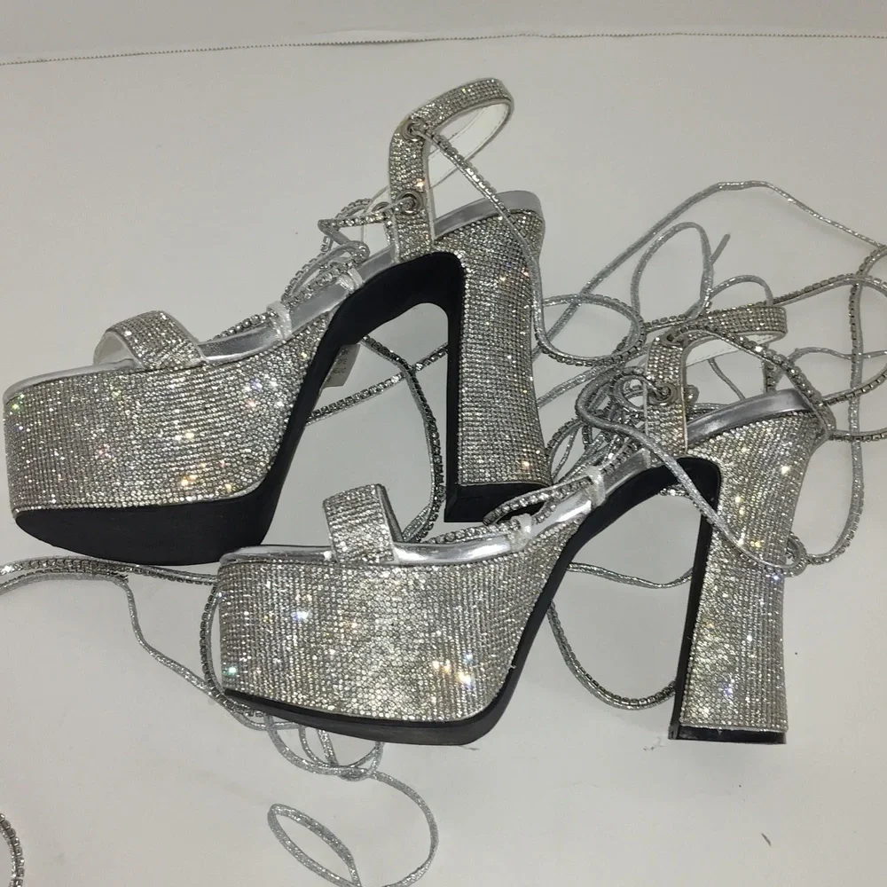 Dolls Kill Poster Girl Lace Up Silver Platform Heels 9